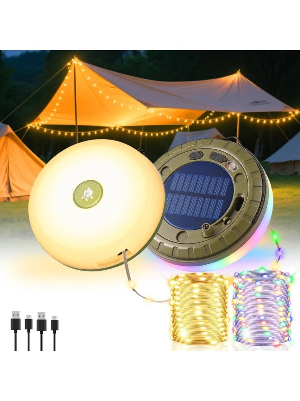 2-Pack Rechargeable Solar String Lights, 32.8FT Warm/RGB Tent Lighting Decor